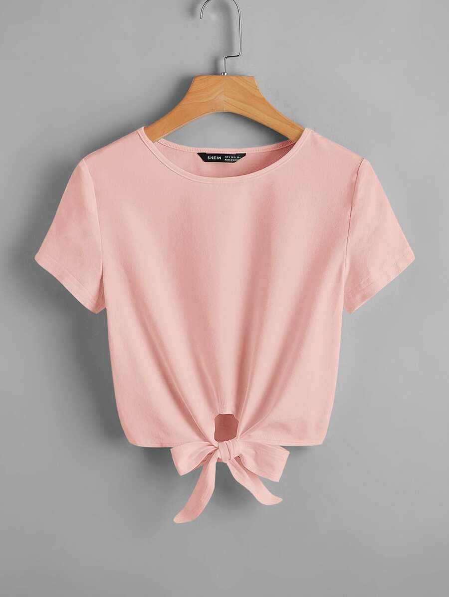 SHEIN Essnce 素色結飾下擺T恤 - 淺粉色 - 查看 1