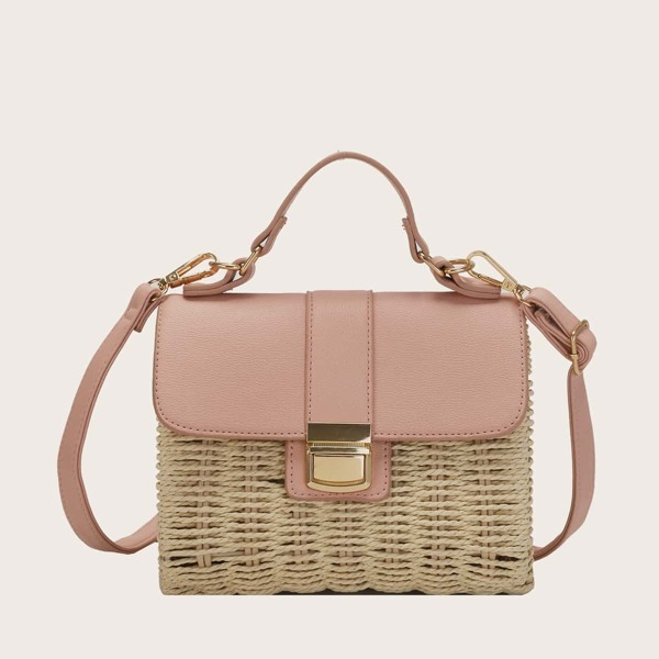 

Woven Flap Satchel Bag, Beige