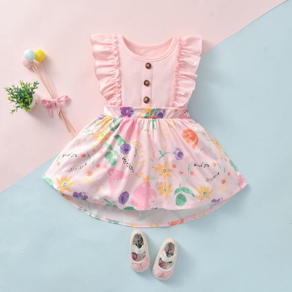 

Baby Girl Floral Ruffle Button Dress, Baby pink