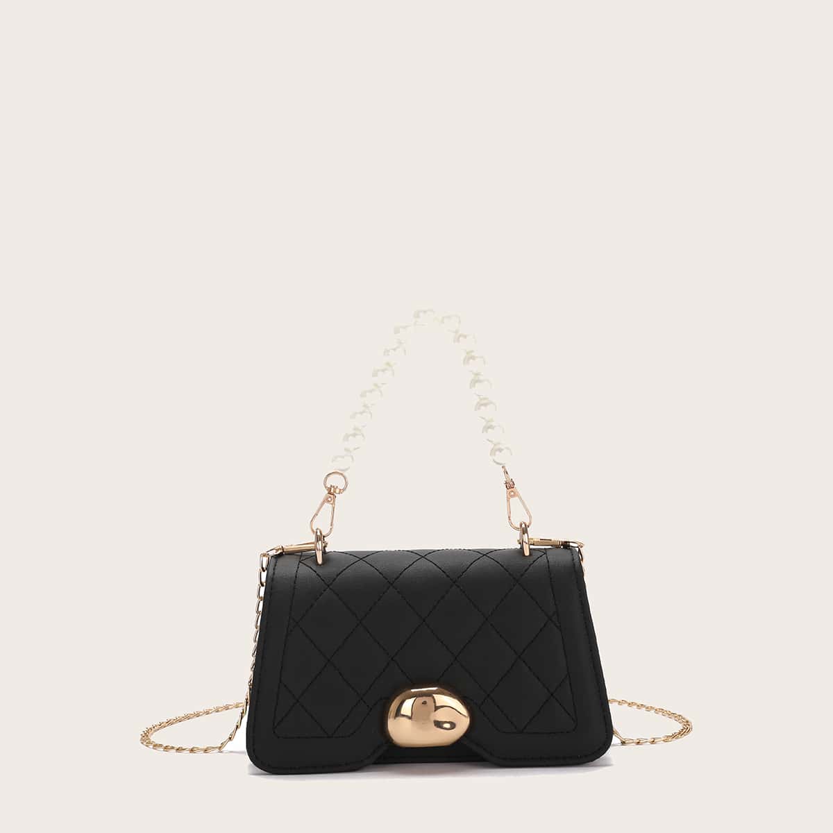 

Faux Pearl Handle Quilted Satchel Bag, Black