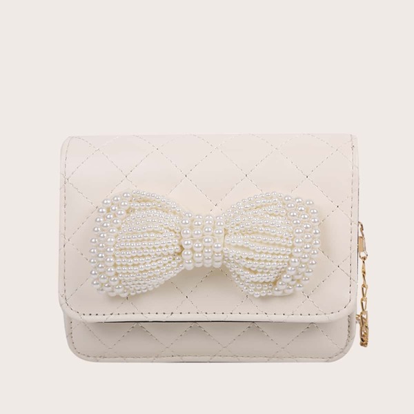 

Faux Pearl Beaded Bow Decor Quilted Chain Bag, Beige