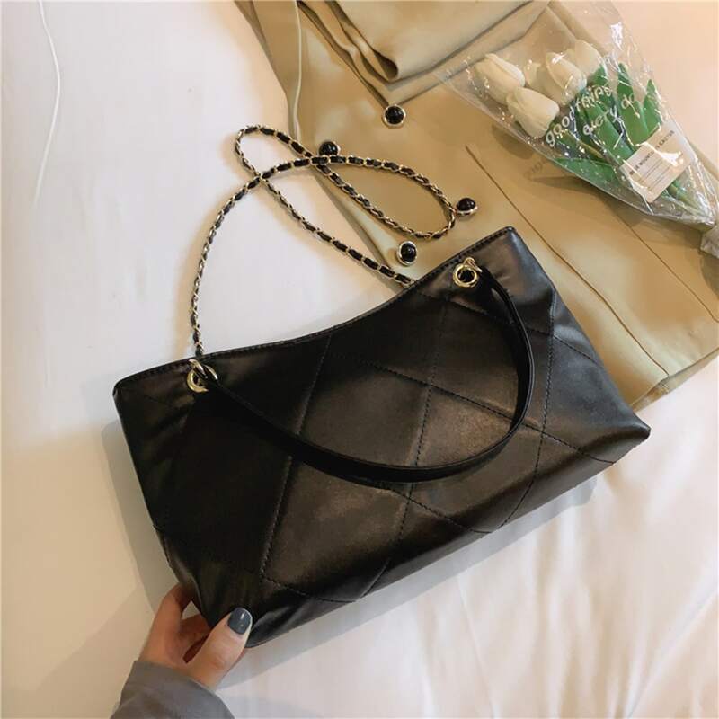 

Quilted Chain Tote Bag, Black