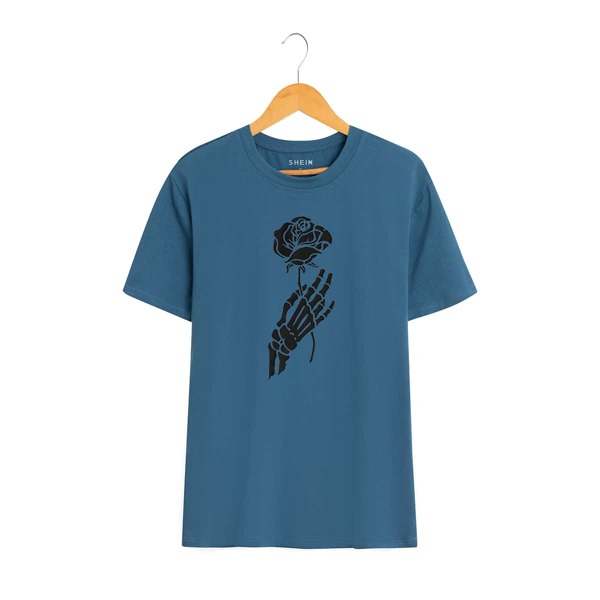 

Skull And Floral Print Tee, Dusty blue