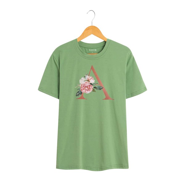 

Letter And Floral Print Tee, Lime green