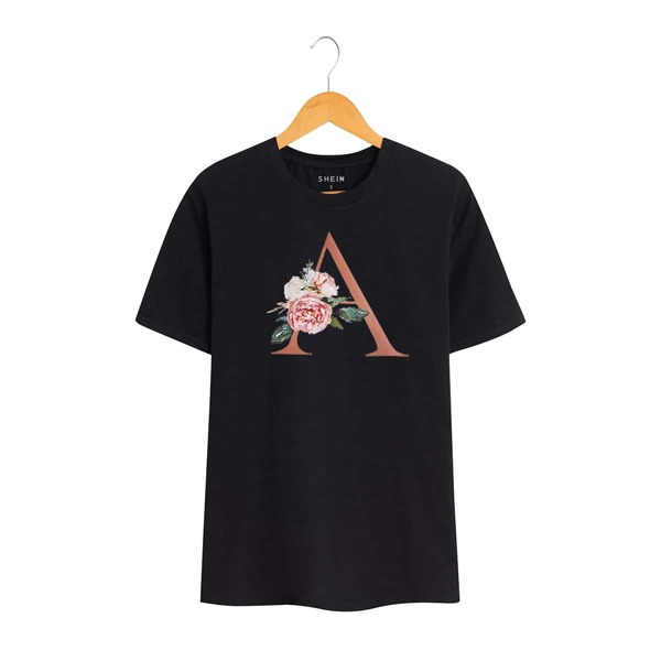 

Letter And Floral Print Tee, Black