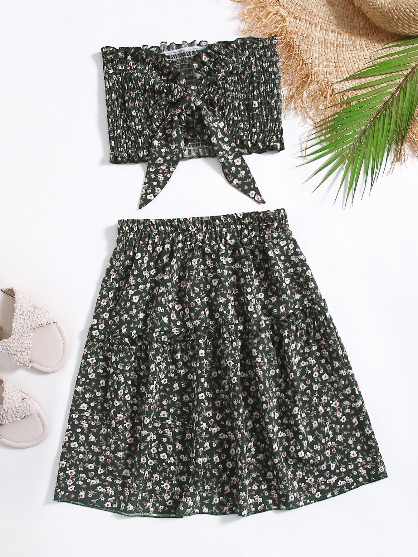 Ditsy floral tie front shirred bandeau top & skirt Clearance