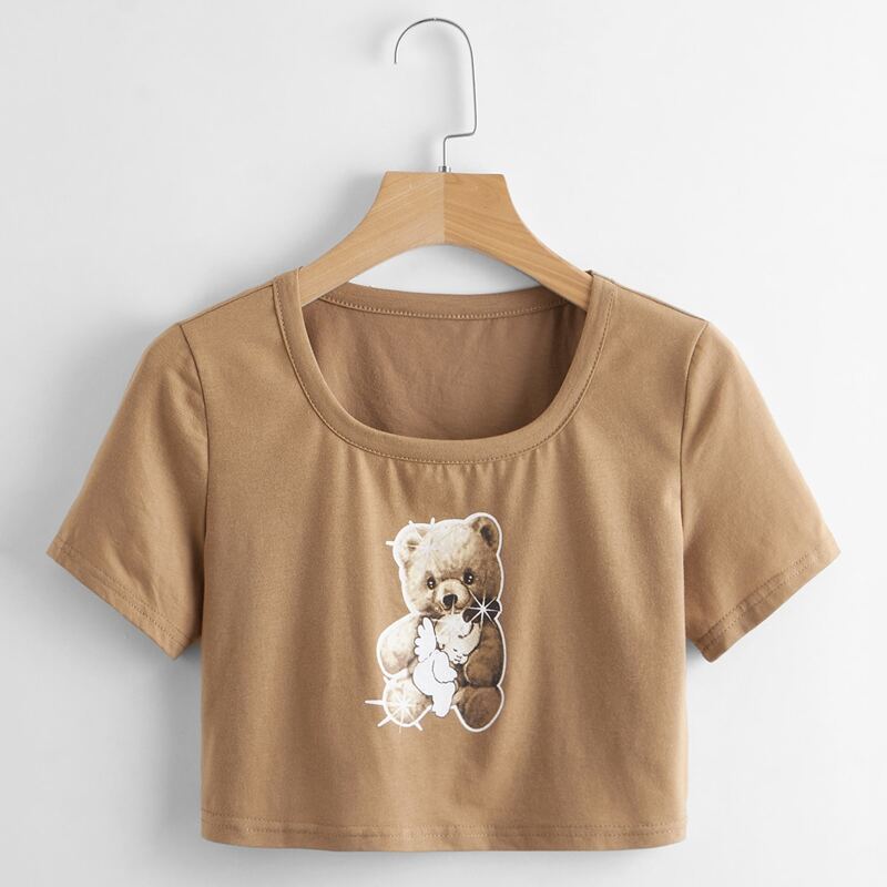 

Bear & Angel Graphic Crop Tee, Coffee brown