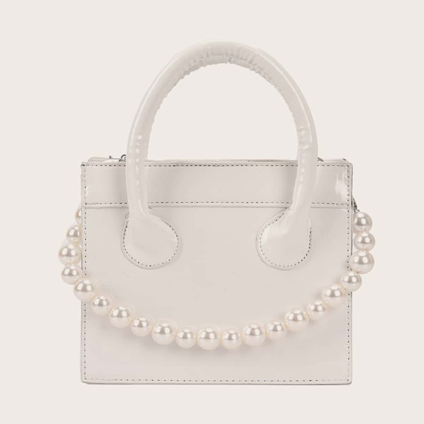 

Faux Pearl Decor Patent Leather Satchel Bag, White