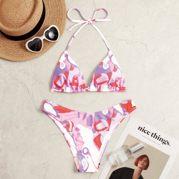 

Color Block Halter Bikini Swimsuit, Multicolor