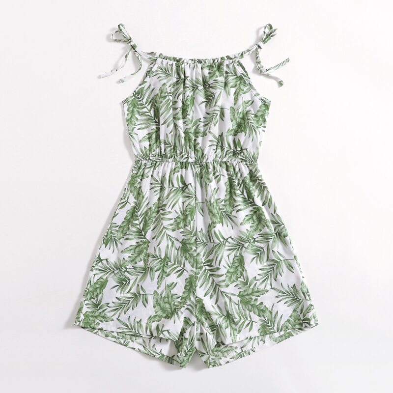 

Leaf Print Tie Shoulder Romper, Green