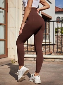 Easithlete Letter Graphic Wide Band Waist Sports Leggings - Coffee Brown - View 2