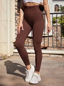 Easithlete Letter Graphic Wide Band Waist Sports Leggings - Coffee Brown - View 4