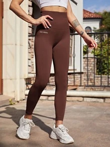 Easithlete Letter Graphic Wide Band Waist Sports Leggings - Coffee Brown - View 5