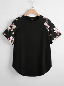 SHEIN LUNE Áo thun Plus size Hoa Giải trí - màu đen - Xem 1