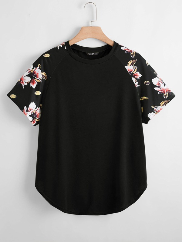 SHEIN LUNE T-Shirt mit Blumen Muster und gebogenem Saum