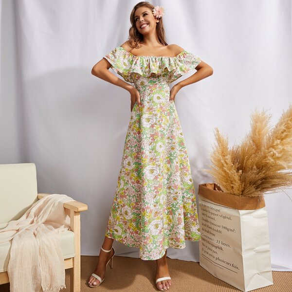 

Ruffle Off Shoulder Floral Dress, Multicolor