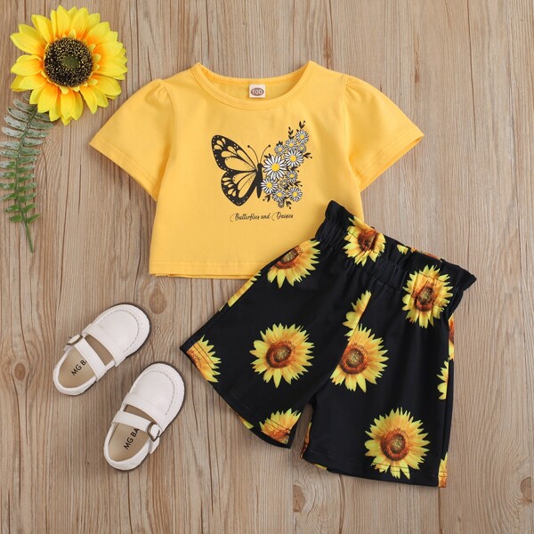 

Toddler Girls Butterfly And Floral Print Tee & Shorts, Multicolor