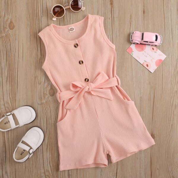

Toddler Girls Solid Belted Half Button Tank Romper, Baby pink