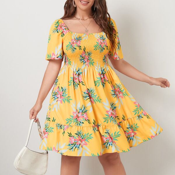 

Plus Allover Floral Shirred A-line Dress, Yellow