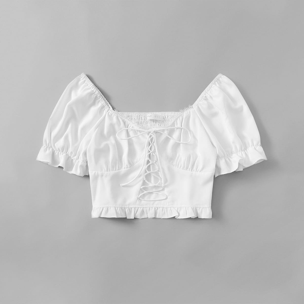 

Solid Lace Up Shirred Top, White