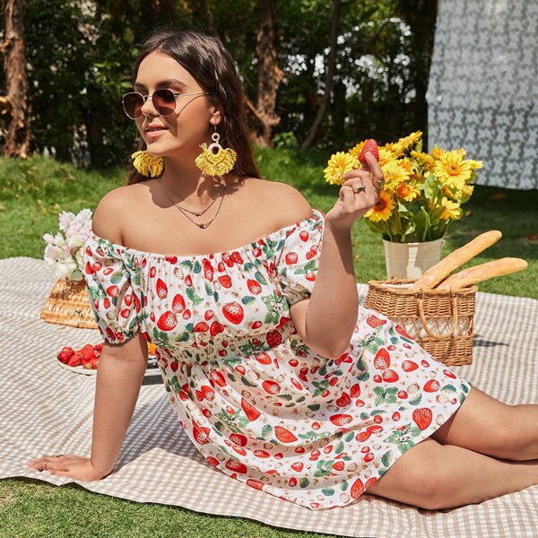 

Plus Strawberry Print Bardot Shirred Waist Swing Dress, Multicolor