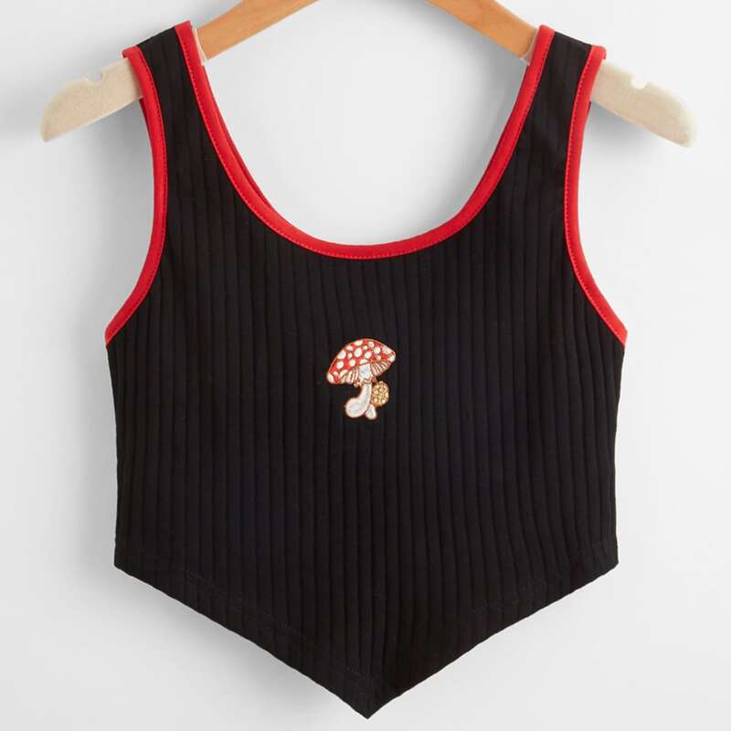 

Mushroom Embroidery Ribbed Ringer Tank Top, Black