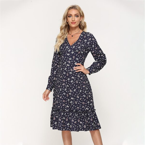 

Ditsy Floral Ruffle Hem Dress, Navy blue
