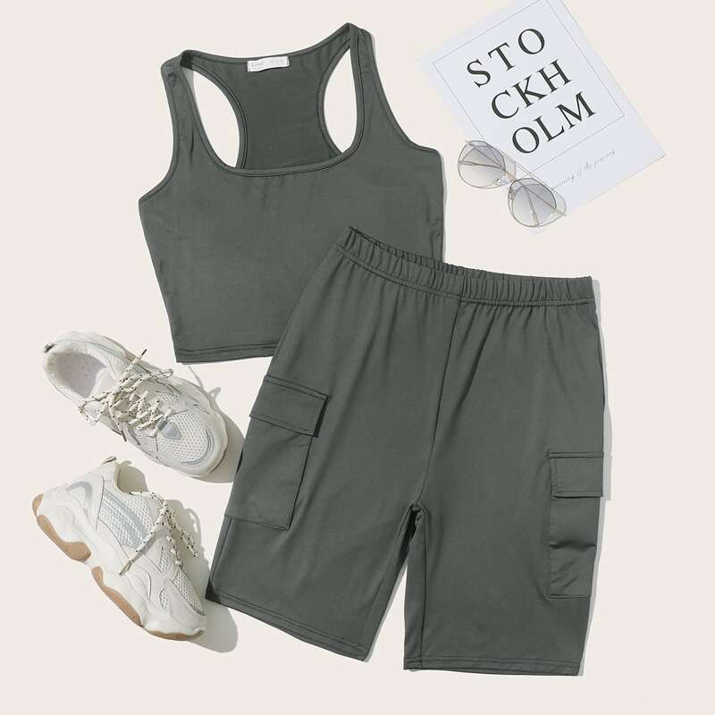 

Solid Tank Top & Cargo Shorts, Dark grey