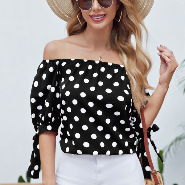 

Polka Dot Off Shoulder Knot Puff Sleeve Top, Black and white