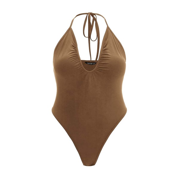 

Plus Tie Backless Halter Bodysuit, Chocolate brown