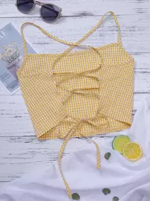 Lace Up Backless Gingham Crop Cami Top - Multicolor - View 1