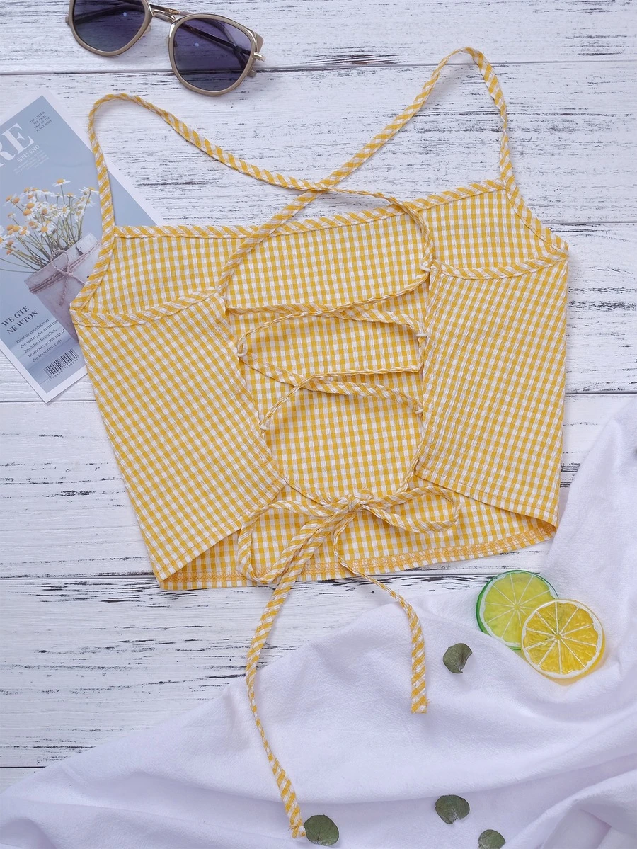 Lace Up Backless Gingham Crop Cami Top - Multicolor - View 1