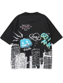 男士卡通和字母圖案T恤 - 彩色 - 查看 2