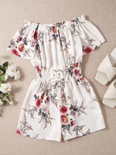 Off Shoulder Lace Up Front Floral Romper SHEIN ASIA