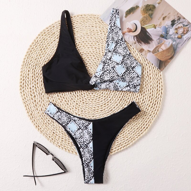 

Snakeskin Print Spliced Bikini Swimsuit, Multicolor
