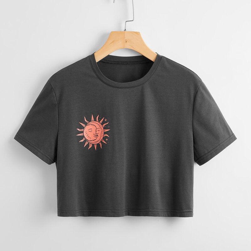 

Sun & Moon Graphic Crop Tee, Dark grey