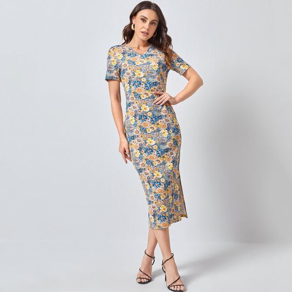 

Allover Floral Split Fitted Dress, Multicolor