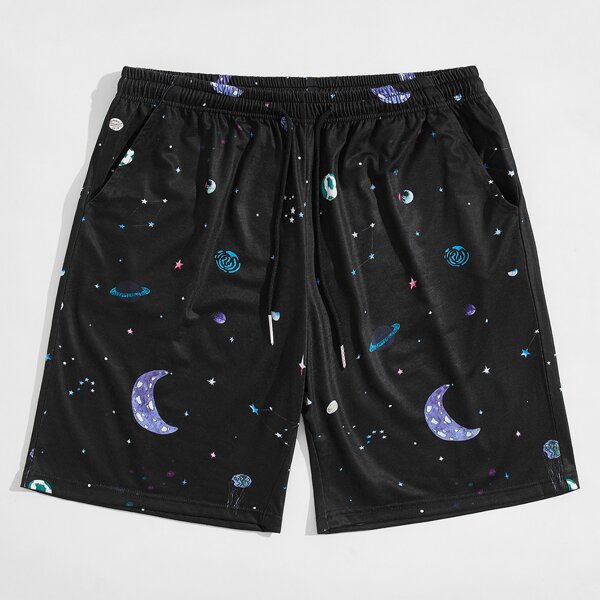 

Men Galaxy Print Drawstring Waist Sleep Shorts, Black