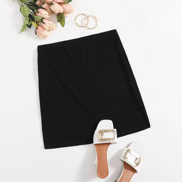 

Plus Rib-knit Solid Skirt, Black
