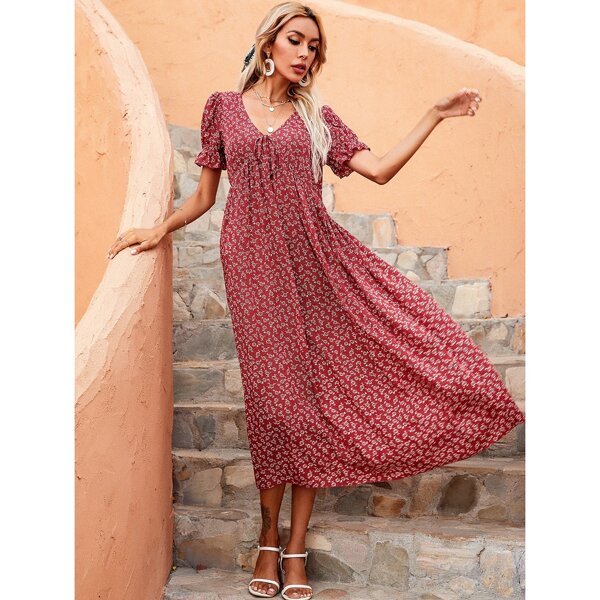 

Ditsy Floral Knot Smock Dress, Red