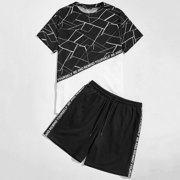 

Men Geo Print Colorblock Letter Tape Detail Top & Shorts Set, Black and white