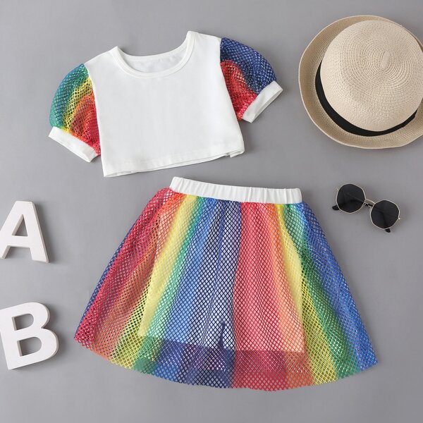 

Toddler Girls Puff Sleeve Tee & Fishnet Overlay Combo Shorts, Multicolor