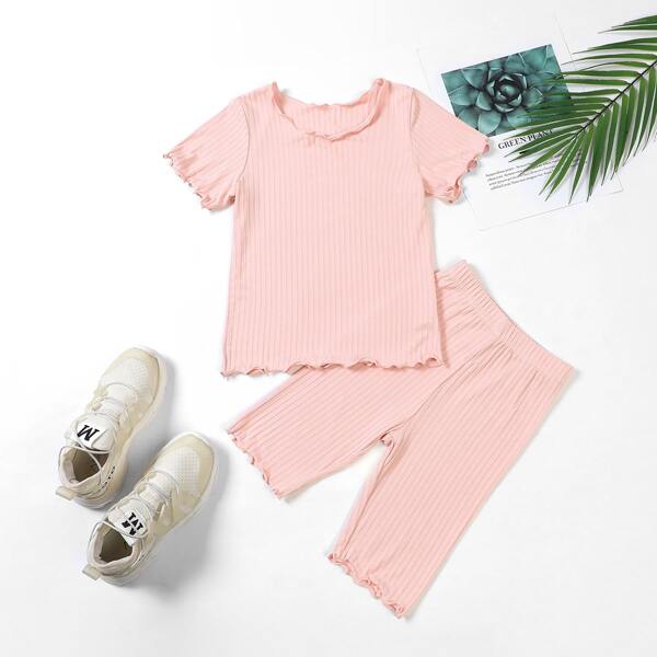 

Girls Lettuce Trim Rib-knit Top & Shorts Set, Coral pink