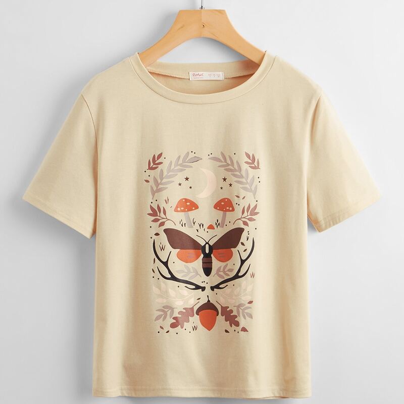 

Butterfly & Mushroom Graphic Tee, Beige