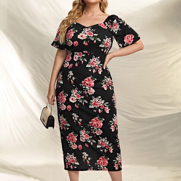 

Plus Floral Print Split Back Dress, Black