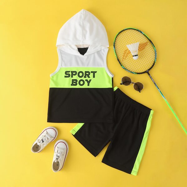 

Toddler Boys Colorblock Slogan Graphic Hooded Tank Top & Shorts, Black