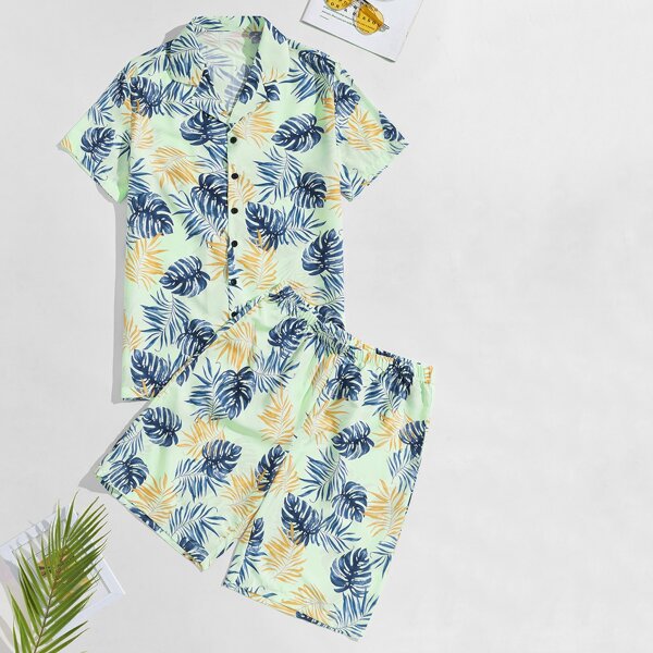 

Men Tropical Print Lapel Collar Shirt & Shorts, Multicolor