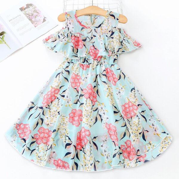 

Girls Floral Print Flounce Trim Dress, Multicolor