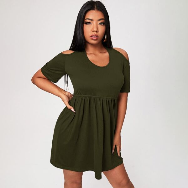 

Plus Solid Tie Back Cold Shoulder Dress, Army green