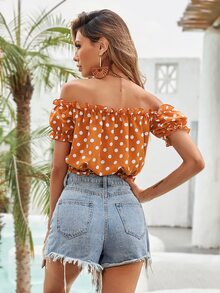 Polka Dot Frill Trimed Crop Blouse - Mustard Yellow - View 2